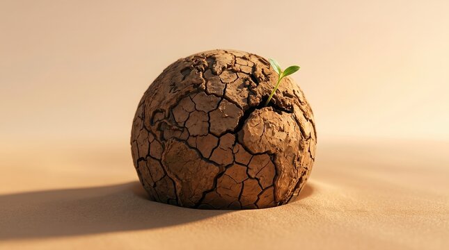 A small green plant sprouts from a cracked and dry earth ball in desert sand