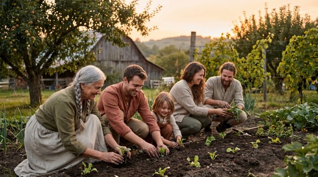 Happy multi-generational family planting seedlings together in their lush green garden.