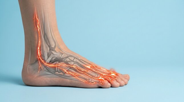 Anatomical 3D render of a human foot and ankle showing glowing nerve pathways and pain sensations