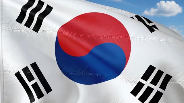 Fluttering South Korean flag showing Taegeuk and trigrams against blue sky, breeze moving fabric