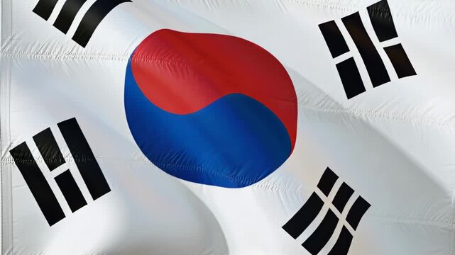 Fluttering Korean flag rippling left-right in breeze against sky showing taegeuk trigrams seams