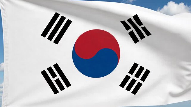 Billowing Taegukgi flag rippling in open sky as wind lifting fabric, revealing seam and clouds