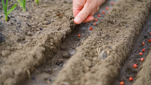 Hand sowing red pea seeds into furrow on garden bed close-up