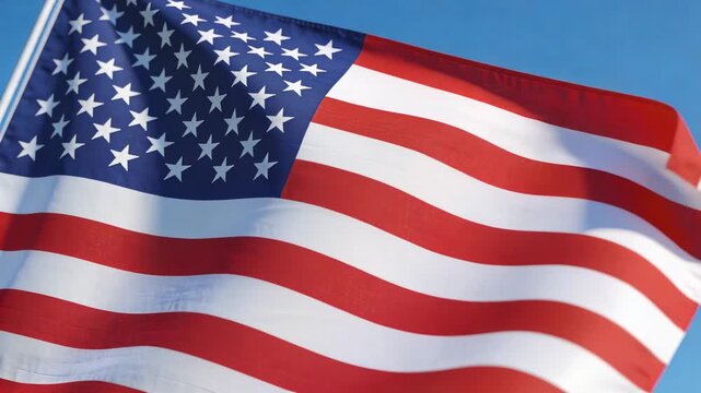Fluttering United States flag rippling while wind gusting along metal flagpole against blue sky