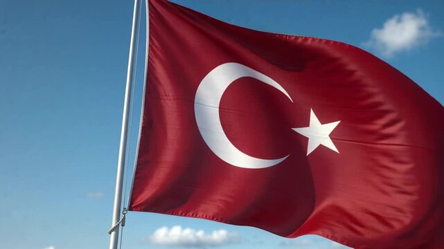 Light gust sending red flag with white crescent and five-pointed star rippling at flagpole, halyard