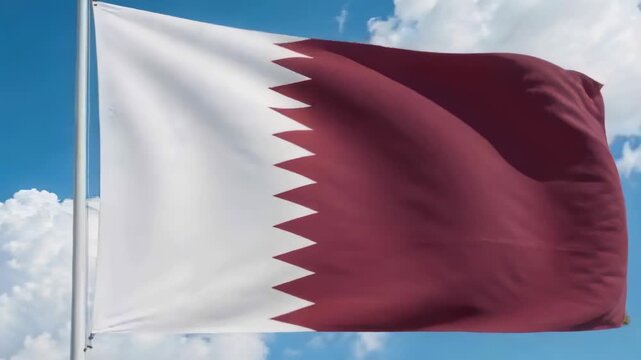 Waving maroon flag showing white serrated band at flagpole, breeze rippling fabric under blue sky