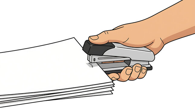 A hand staples papers together with a stapler.