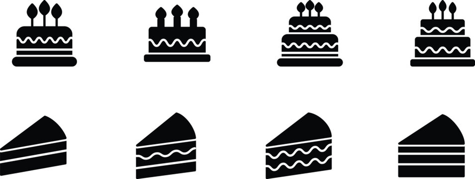 Cake and Slice Icon Set Birthday Dessert Bakery Sweet Food Silhouette Vector Collection