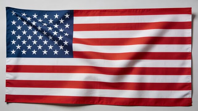 Rippling US flag from small top-left fold, traveling across neutral gray wall showing grommets