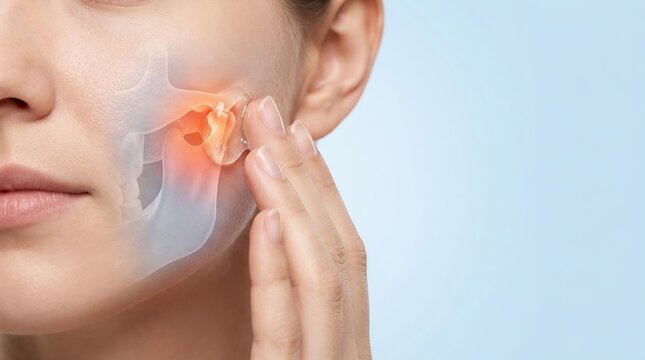 Woman touching jaw joint with anatomical overlay showing inflammation and pain in the temporomandibular joint