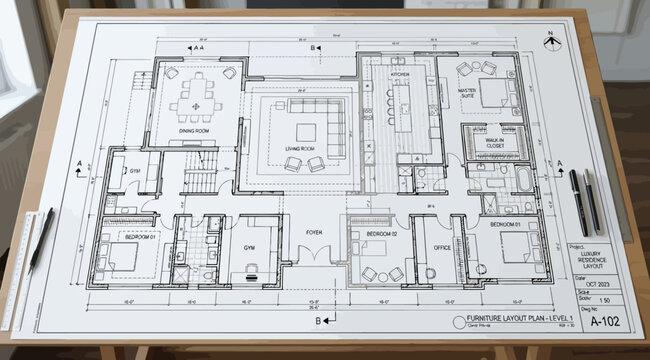 Detailed furniture layout plan for a luxury residence on a drafting table