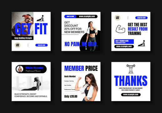 Blue And White Fitness Gym Social Media Post Template Set