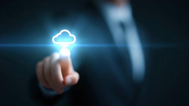 Cloud Computing Technology Digital Network Data Storage Online Service Business Concept Hand Touch Glowing Cloud Icon Futuristic Interface in Dark Background with Abstract Light and Blur Effect