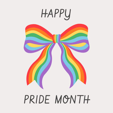 Queer Pride greeting card with hand drawn rainbow bow ribbon. Trendy LGBTQ square art print. Coquette aesthetic pride month social media post. Inclusive gift tag with Happy Pride Month slogan. Vector.