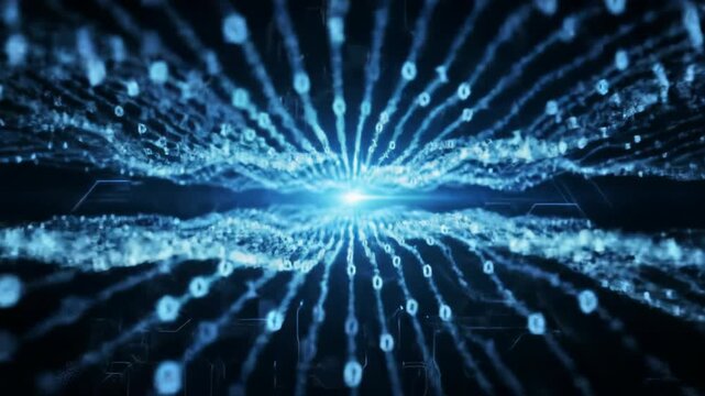 Immersive wide video: abstract digital void with pulsating sapphire blue light exploding, generating electric data rays, binary code, and futuristic network patterns. High-speed data flow concept