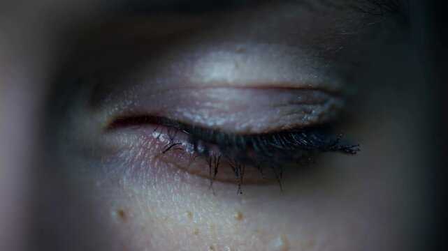 Showing woman's closed eye twitching after minor twitch starting in cool close-up, clumped mascara