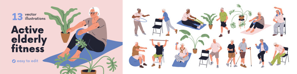 Fototapeta premium Senior old-aged people doing sport exercises, set. Active healthy elderly men and women during workout, fitness training, walking, jogging. Flat vector illustration isolated on white background