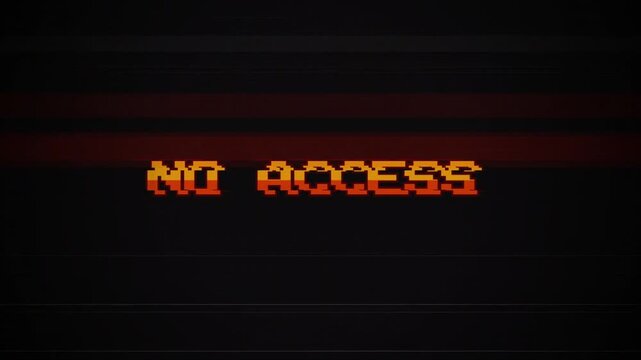 No Access 8-Bit Pixel Text Glitch Animation on Retro Arcade Background, VHS Static Interference, CRT Screen Error, Vintage Game Interface, Security Warning 4k video