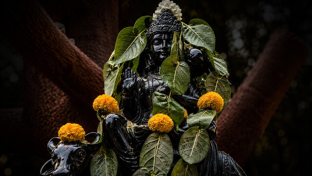 A beautiful black stone idol of Lord Shani Dev decorated with fresh green leaves and bright yellow marigold flowers.
