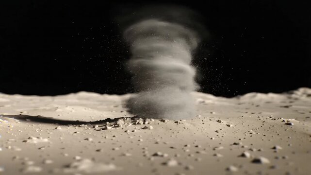 Forming rotating dust vortex from sudden ground puff on barren plain, drawing dust and rocks upward