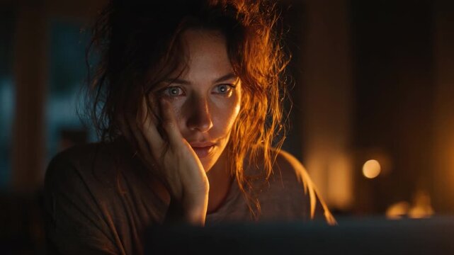 Pensive Gaze: A woman with tousled hair rests her chin on her hand, her eyes fixed on a screen, illuminated by its soft, ambient light. Her expression is one of deep thought or worry.