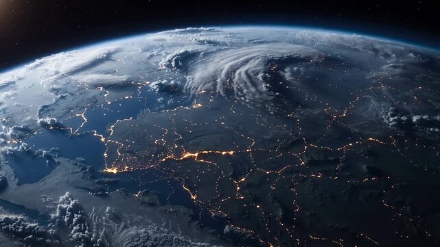 Panning orbit camera revealing night Earth in orbit as sun rising, showing storm, city lights, limb