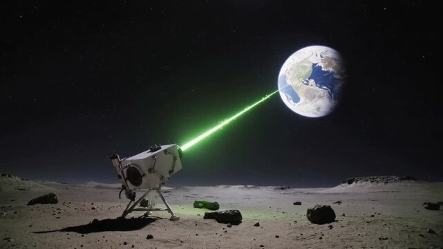 Beaming tripod emitter sending pulsing green beam probing distant planet on lunar surface