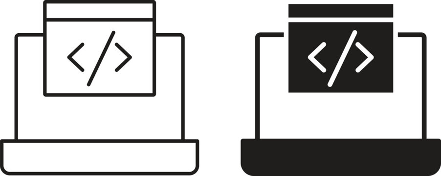 Coding Laptop Icon Vector Set with Programming Window and Developer Symbol