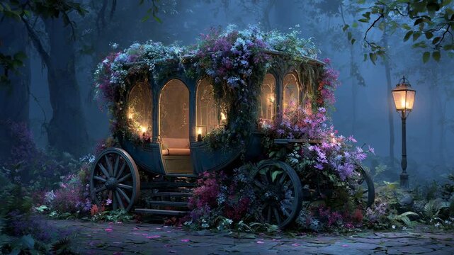Fantasy carriage in enchanted misty forest at night, flower covered vintage wagon with glowing lantern, romantic magical fairytale travel scene