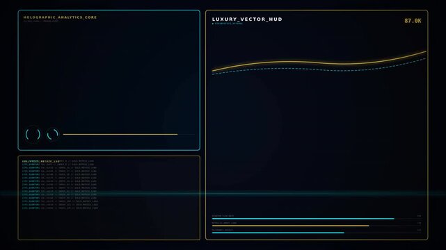 Digital futuristic interface with data charts, graphs, and metrics on a dark background, resembling a high-tech control panel