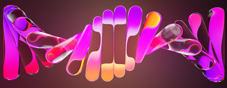 Vibrant fractal glass spiral wave of transparent lines with neon purple red orange gradient and liquid ripple effect. Abstract horizontal pattern in warm colors on dark 3d background. 3D illustration