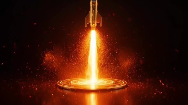 Futuristic holographic rocket launch projection with glowing orange flames on circular platform