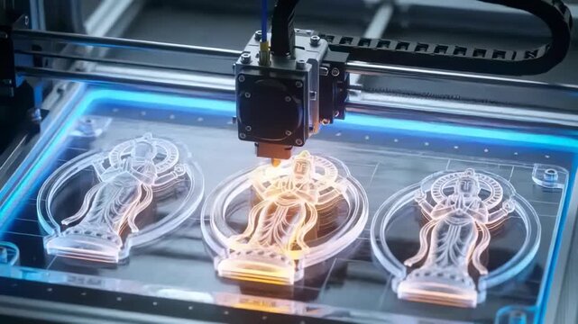 Initiating print command extruder head depositing filament on print bed, building central ornament