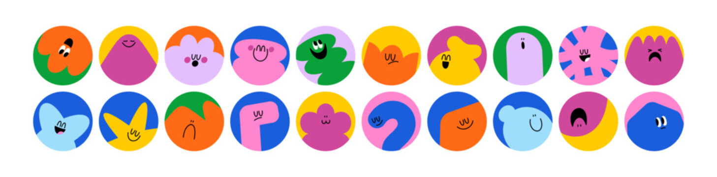 Abstract shape characters with happy and sad emotion. Circle avatars set. Cute comic amorphous blob with funny face expressions, user profiles. Flat vector illustrations isolated on white background