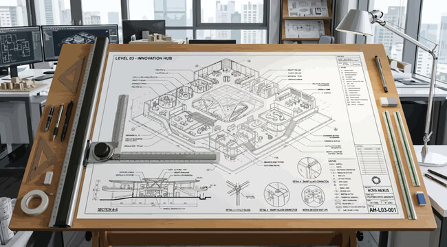 Architectural drafting table with complex blueprint of an innovation hub, professional workspace with drawing tools and computer monitors in the background