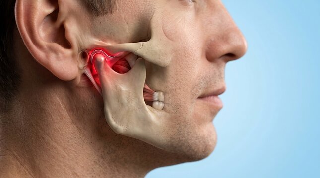 Anatomical 3D render of a human jaw joint showing inflammation and pain in the temporomandibular area of a male profile