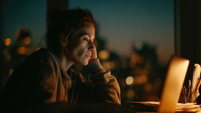 Late Night Reflection: A solitary woman sits by a window at night, illuminated by the glow of her laptop screen, deep in thought amidst a city's blurred lights.