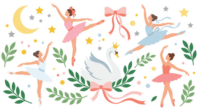 Ballet dancer set, beautiful graceful ballerinas, and swan with leaves.