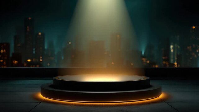 Empty round stage glowing platform spotlight beam dark city skyline futuristic scene dramatic light empty pedestal orange glow stage platform dark room modern set background blur, SEO friendly title