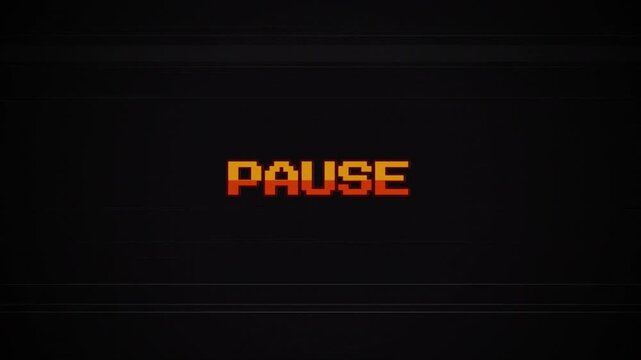 Retro 8-bit Pause Text Animation with Glitch Effect, Vintage Arcade Style, CRT Scanlines, VHS Distortion, Pixel Art Gaming, Old School Video Game Interface 4k video