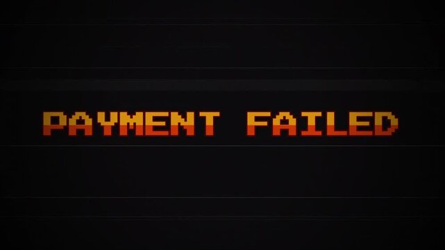 Payment Failed 8-bit Retro Glitch Text Animation, Vintage Arcade Game Error Screen, VHS Static Interference, Pixelated Transaction Failure, Digital Glitch Effect 4k video