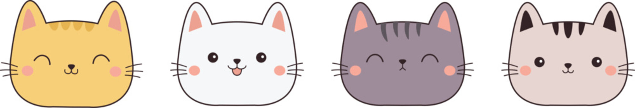 Cute Cat Face Icon Set Kawaii Kitten Cartoon Sticker Style Animal Illustration Vector Collection