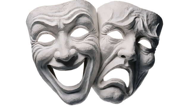 Classic Theater Comedy and Tragedy Masks Isolated on White Background &ndash; Traditional Drama Thalia and Melpomene Acting Masks Mockup