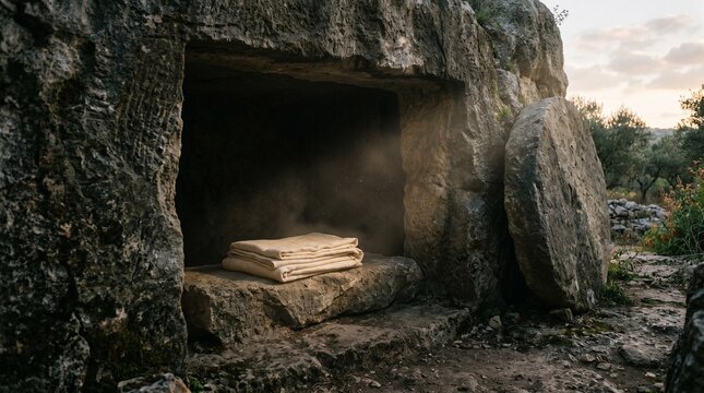 Empty stone tomb with folded linen shroud and faint glowing light entering