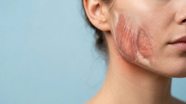 Close-up of a human face featuring a cutaway view of jawline muscles and skin layers for anatomical study