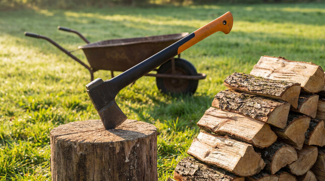 An axe embedded in a tree stump, with a pile of split firewood logs in a sunny outdoor setting, ready for chopping wood