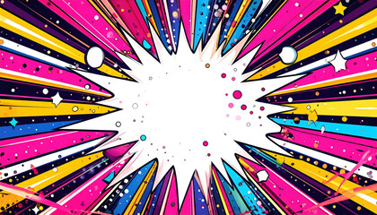 Fototapeta premium A vibrant burst of radial lines and scattered shapes. A blank starburst center implies a comic-style explosion or a callout bubble. Vivid colors