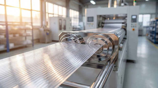 Close-up of a modern industrial machine producing corrugated plastic sheets in a clean factory setting