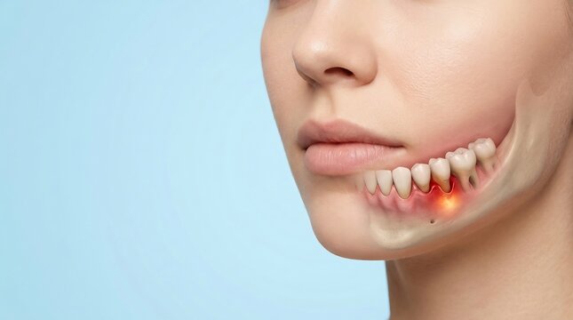 Medical 3D illustration of human lower jaw showing gum recession and dental inflammation with red glowing pain area