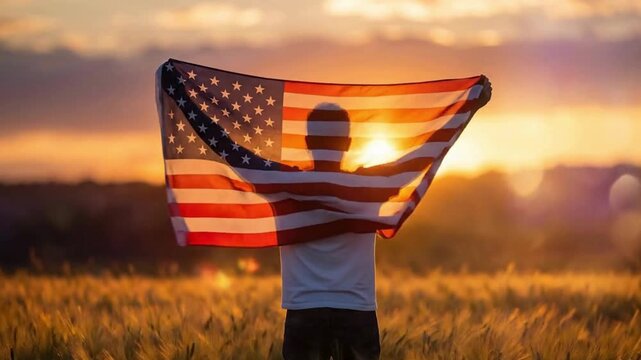 Man holding American flag in a field at sunset with arms outstretched freely